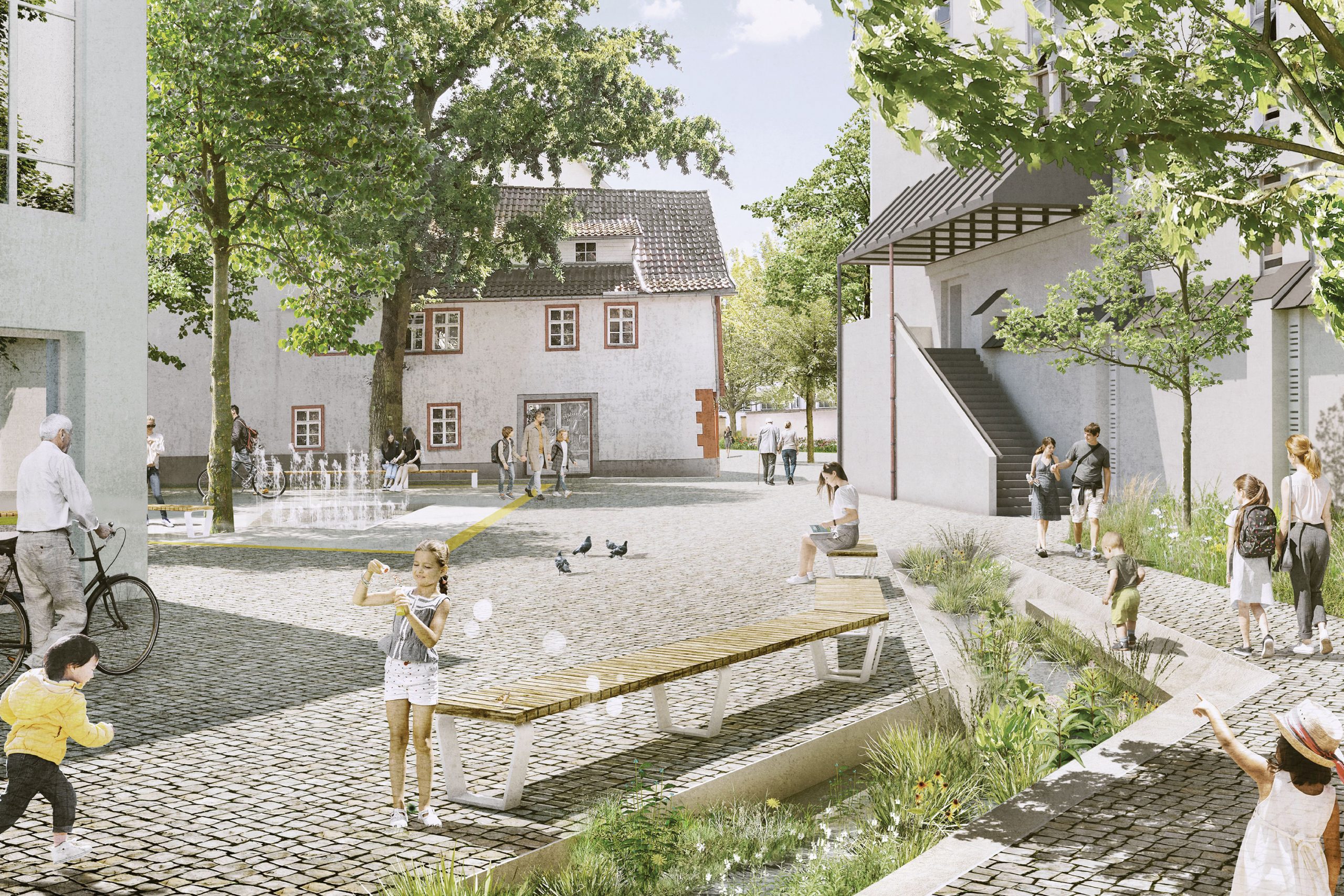 Rendering einer Platzsituation mit viel Grün, Wasser und Menschen.