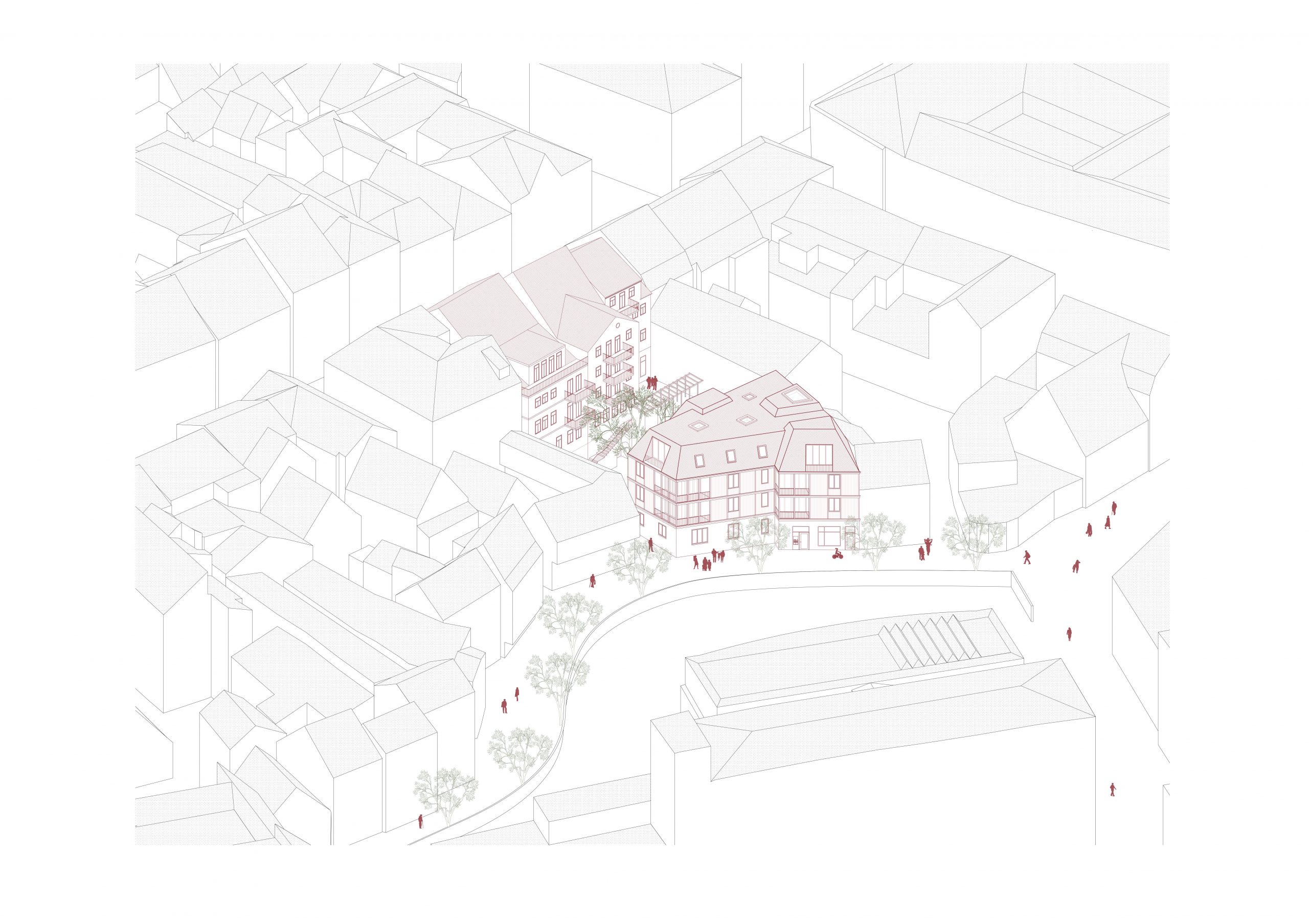3-dimensionale technische Zeichnung eines Stadtquartiers; ein Gebäudekomplex ist durch eine farbige Darstellung optisch hervorgehoben