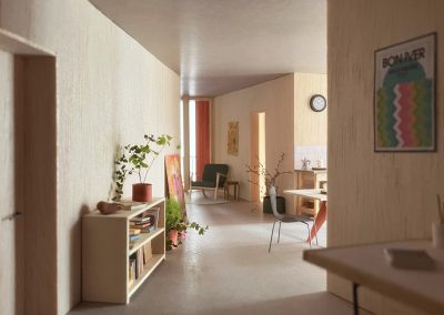 Visualisierung eines hell beleuchteten, modern gestalteten, Wohnraums mit minimalistischen Möbeln, Zimmerpflanzen und einem farbenfrohen Poster an der Wand.