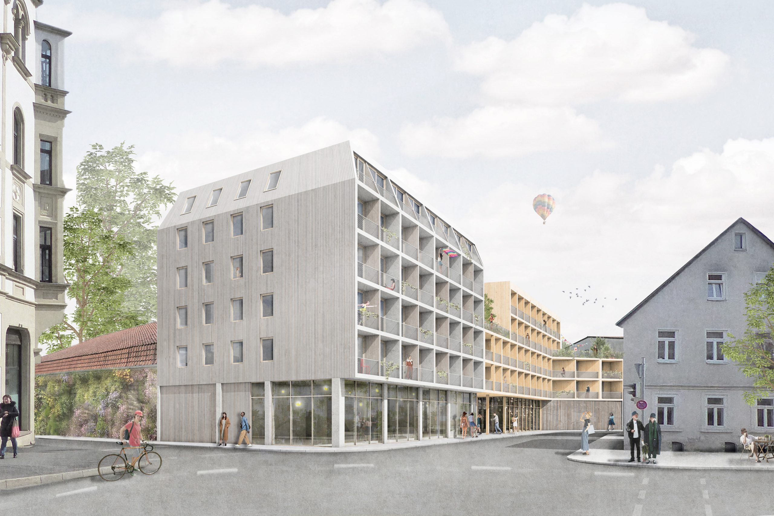 Junges Leben Heiligkreuzstraße Straßenansicht Rendering modernes Gebäude.