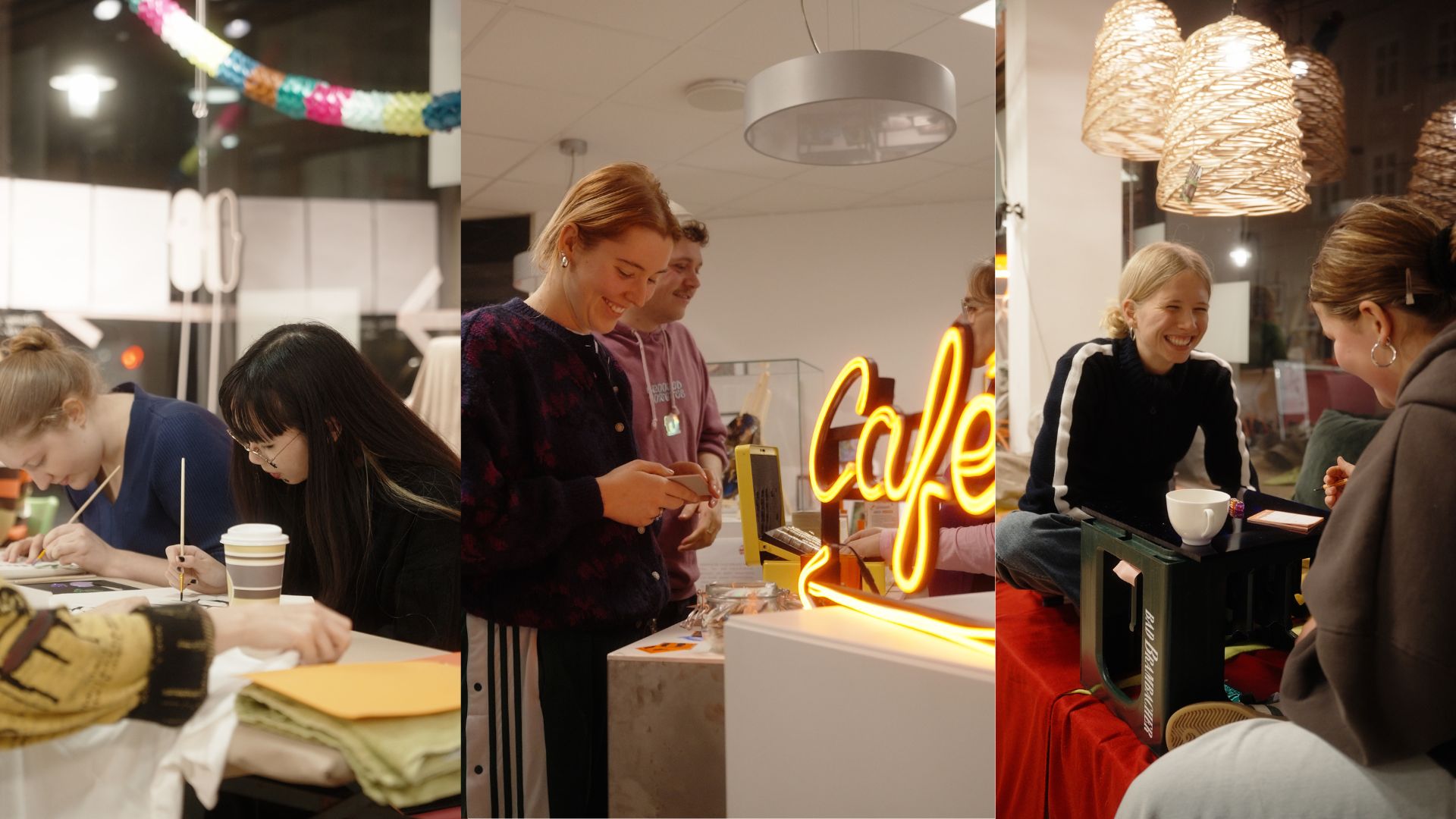 wirgestaltenworkshop 3 Bilder: Personen im Hintergrund und ein Café-Leuchtschild im Vordergrund. Zwei Personen die an einem Tisch sitzen. Zwei Personen die an einem Tisch sitzen und malen.
