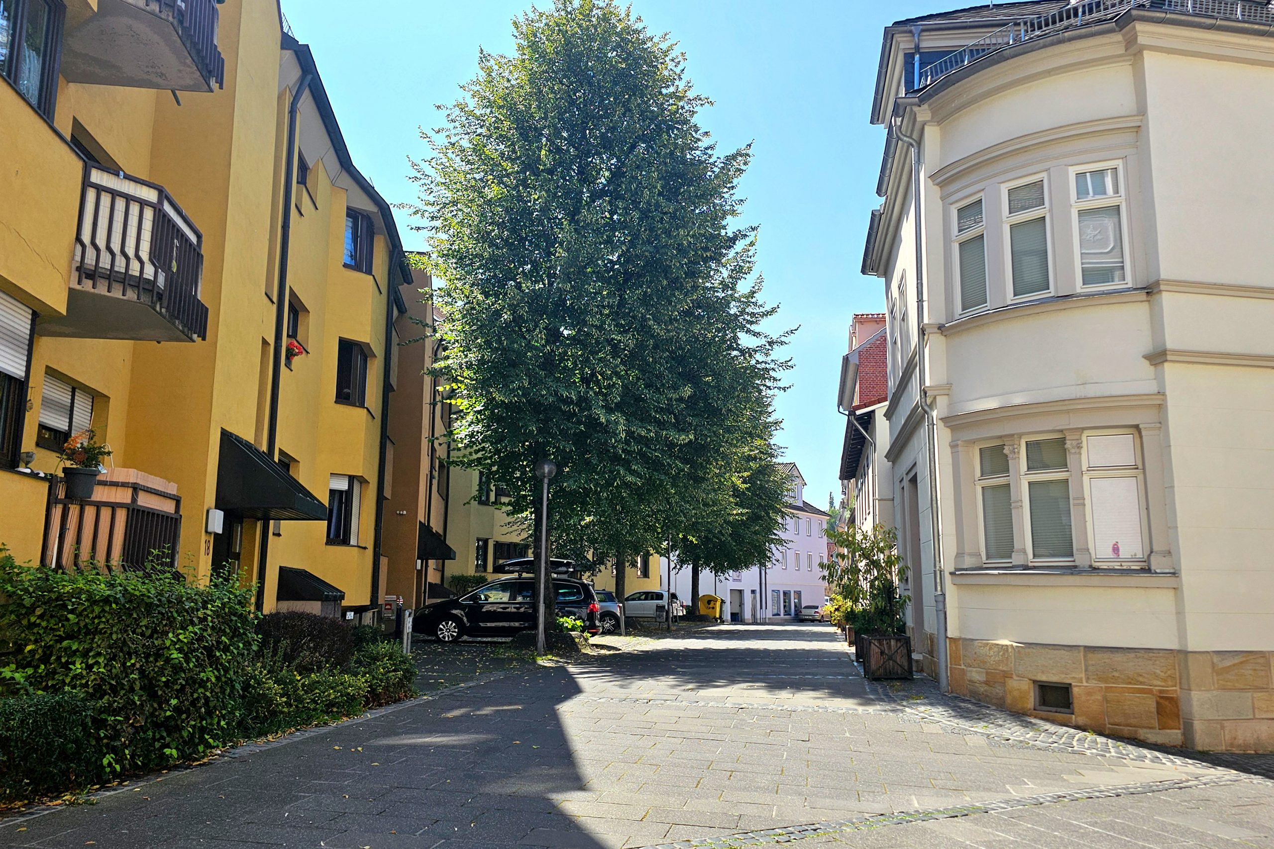 Walkmühlgasse Straße mit Wohnhäusern und großen Bäumen.