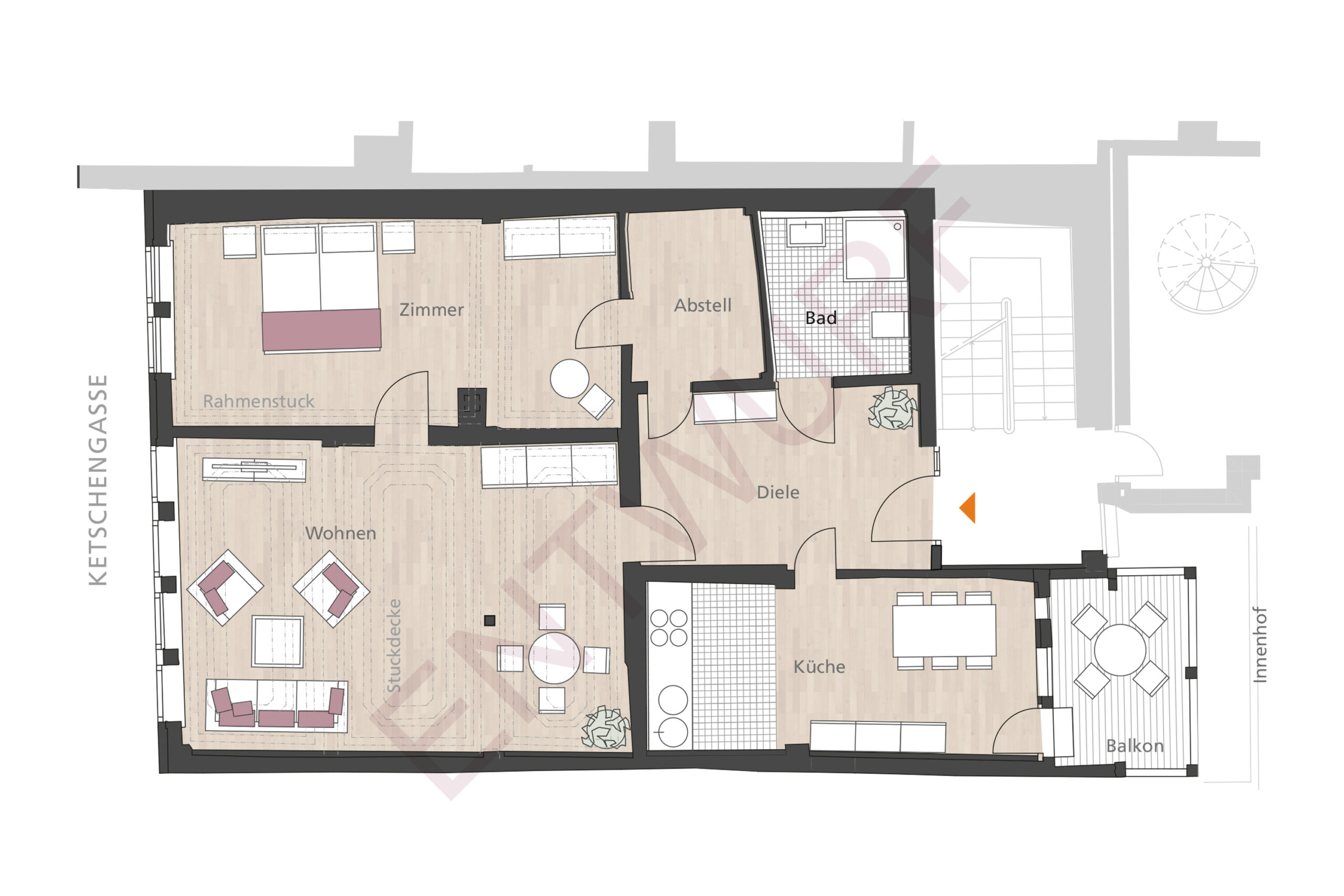 Wohnungsgrundriss mit großzügigem Wohnbereich, separatem Schlafzimmer, Küche mit Essplatz, Bad, Abstellraum, Diele und Balkon auf der Innenhofseite.
