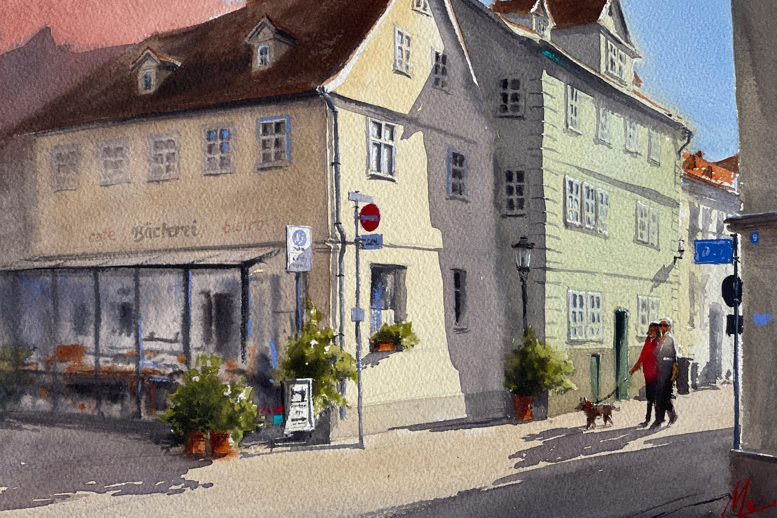 Aquarellgemälde eines gelben und eines grünen Gebäudes. Das Gelbe Gebäude hat einen gläsernen Anbau.