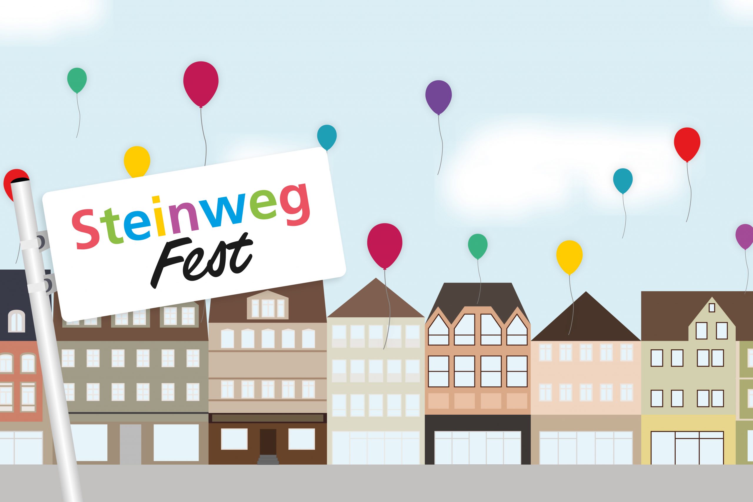 Grafik bunte Häuserzeile mit Straßenschild und Luftballons
